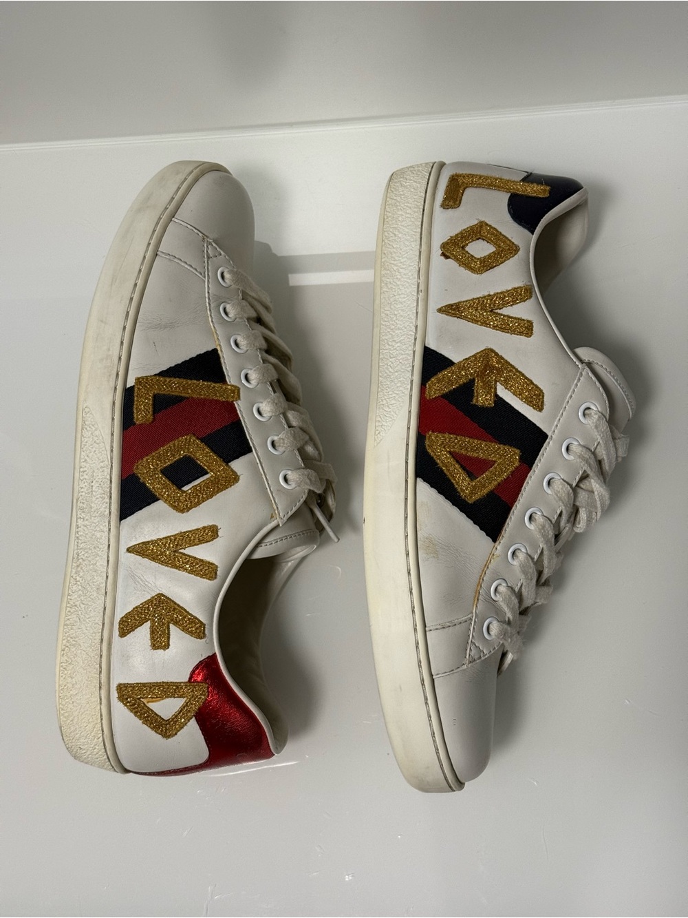 Gucci White Leather 'Loved' Sneakers with Red, Blue & Gold Accents - Picture 5 of 17